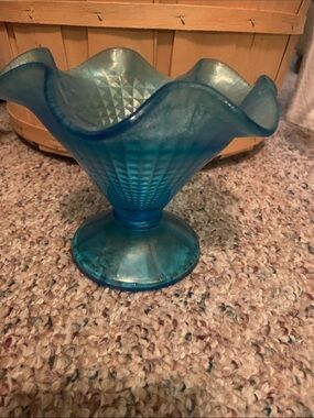 Fenton Blue Ruffled Compote Pedestal Bowl